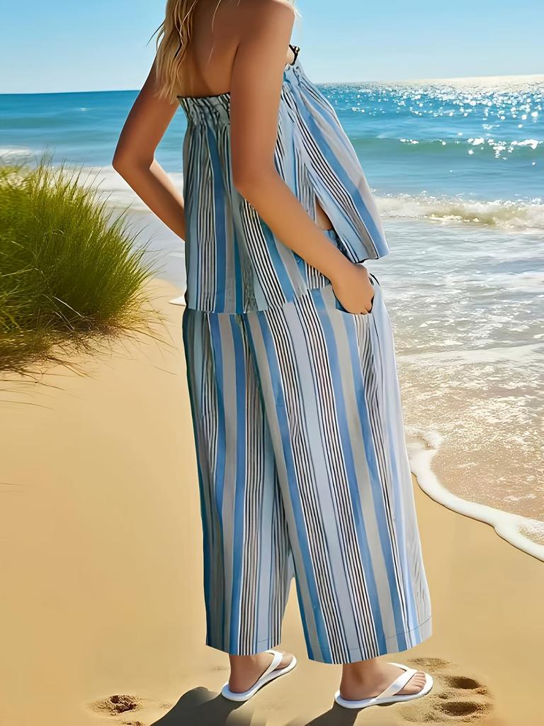 Spring/Summer 2025 European & American Style Three-Dimensional Vertical Stripe Strapless Vacation Set