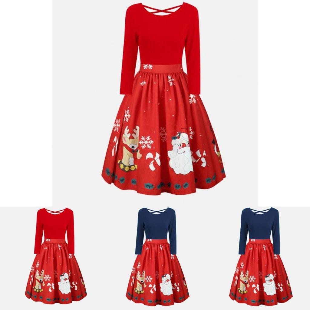 Elegant Womens Fashion Long Sleeve Plus Size Christmas Print Criss Cross Party Dress