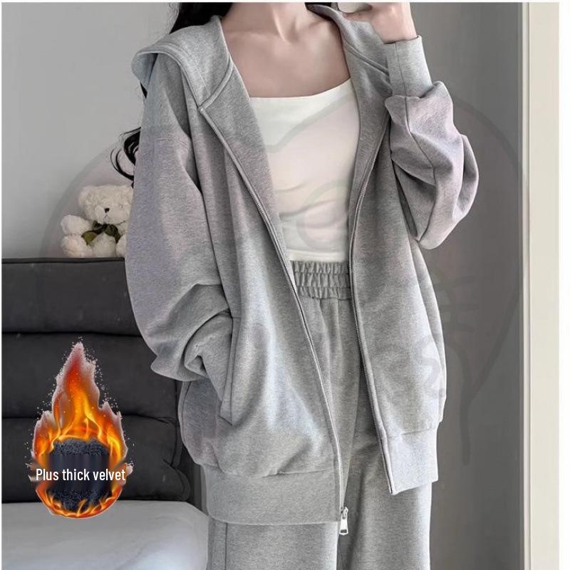 Dámská šedá mikina s kapucí a široké kalhoty - Ležérní podzimní/zimní dvoudílný set s kardiganovou bundou - Trend