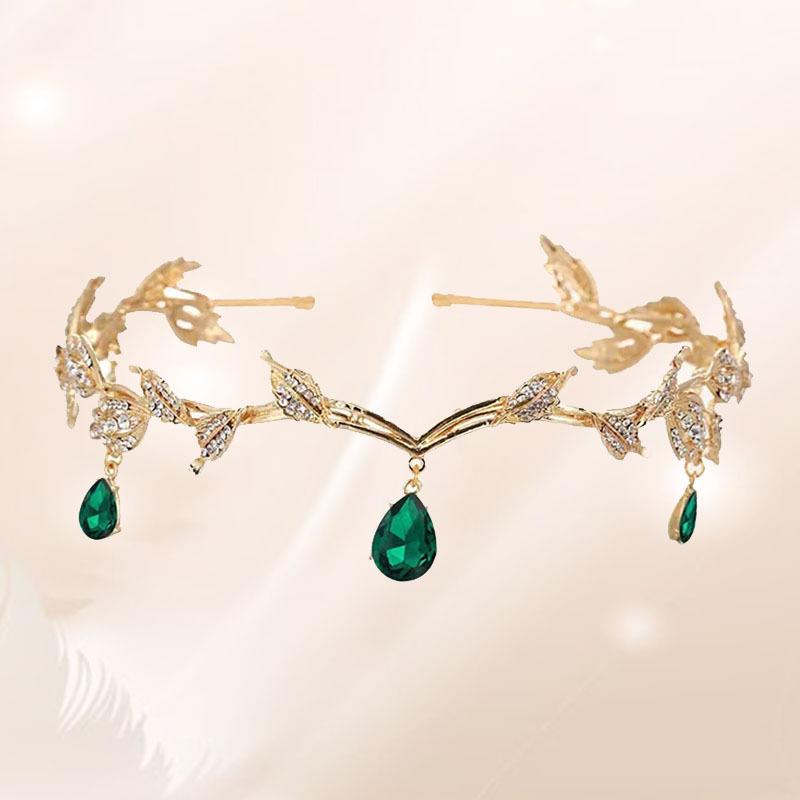Korean-Style Baroque Rhinestone Leaf Crown Tiara with Water Drop Pendant