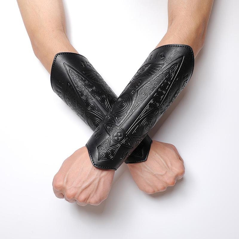 1PC Medieval PU Leather Wrist Guards Viking Warrior Embossed Leather Gauntlets Knight Arm Gloves Retro Gothic Wristbands