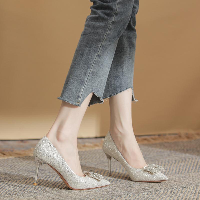 - French rhinestone high heels women's wedding shoes banquet pointed temperament crystal shoes stiletto sequins single shoes women