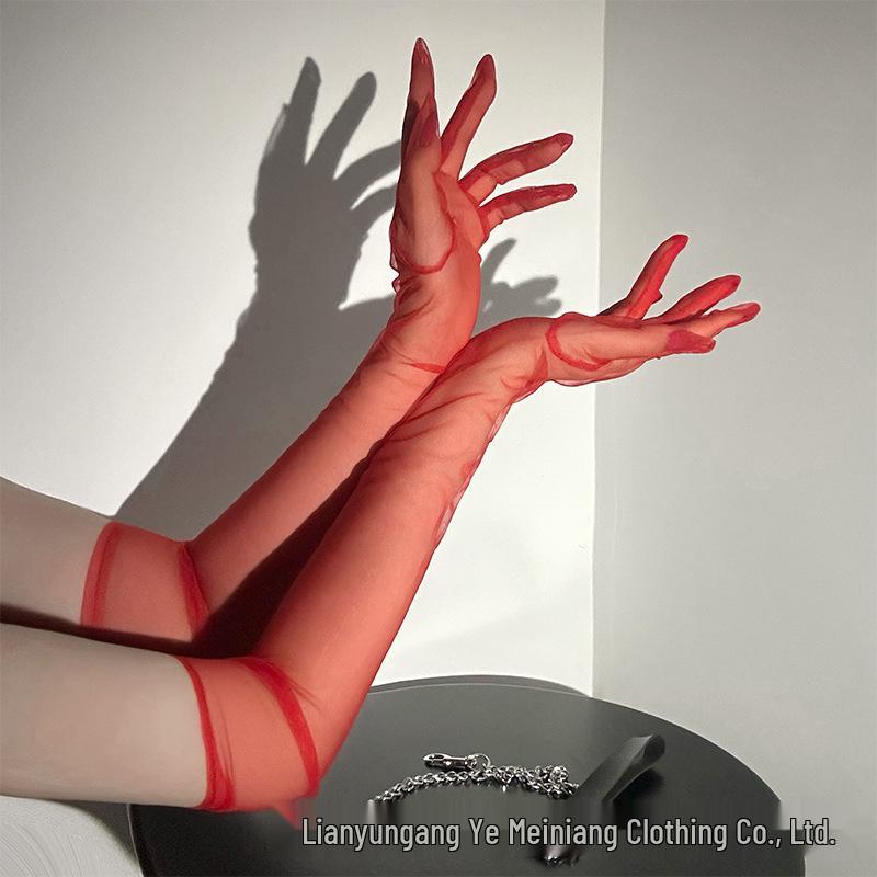 Elegant Wine Red Sheer Gloves for Women - Summer Bridal Wedding Long Arm Sleeves Lingerie