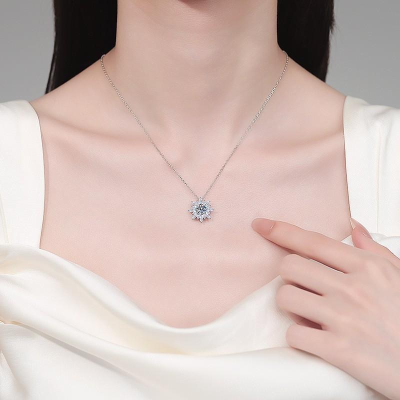 Sterling Sunflower Pendant Necklace Women CZ Moissanite Floral Choker Minimalist Elegant Layered Chain Jewelry