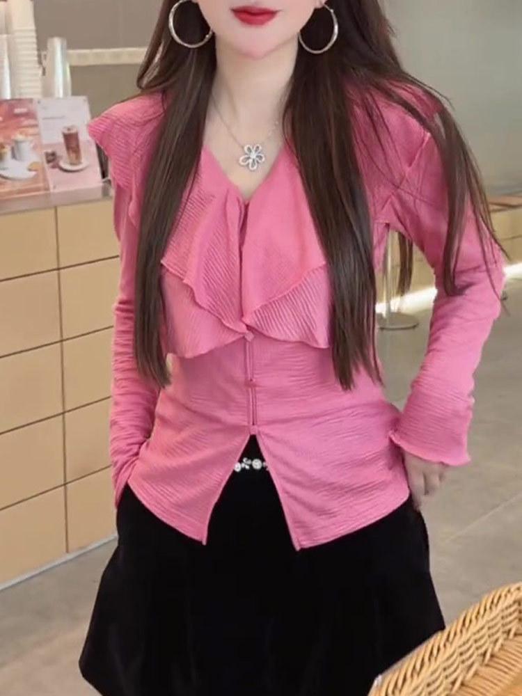 Chic Pink Ruffle Top: Women's Slimming, Flattering, Versatile Long Sleeve for 2025 Early Autumn.
