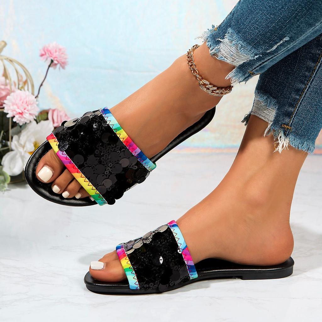 One-word Slippers Women's Summer Wear New Fashionable Versatile Sequined Flat-bottomed Open-toed Beach Cool Slippers