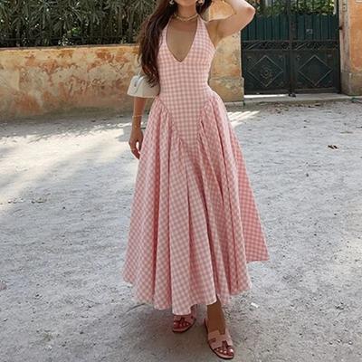 Europäisch-Amerikanische Damenbekleidung Hat Elegantes Temperament Hängendes Halz V-Ausschnitt Taille Französisches Kleid