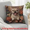 2D Flat Printing, 1pc, French Bulldog In Ornate Floral Bowl with Puppy Companion, Pillow Cover, Polyester, Perfect for Decorating Sofas and Bedrooms.,
