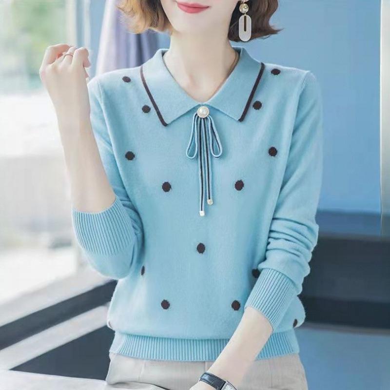 Elegant Mom Autumn Knit Sweater Middle Age Women Turn Down Collar Pullover Versatile Base Layer Top