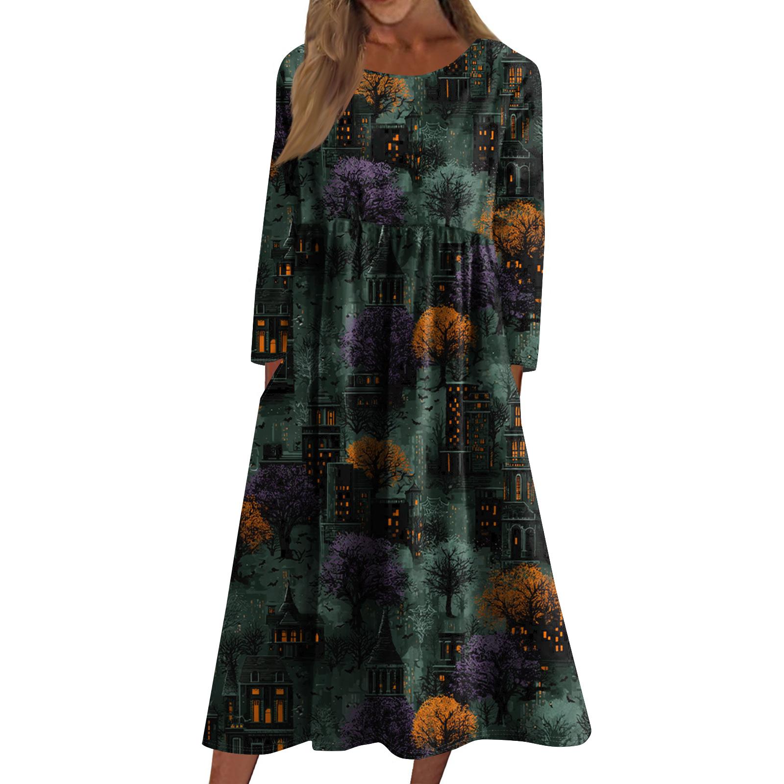 

Women s Casual Crew-neck Halloween Print Mid-length Dress Long-sleeved Dress With Pocket L