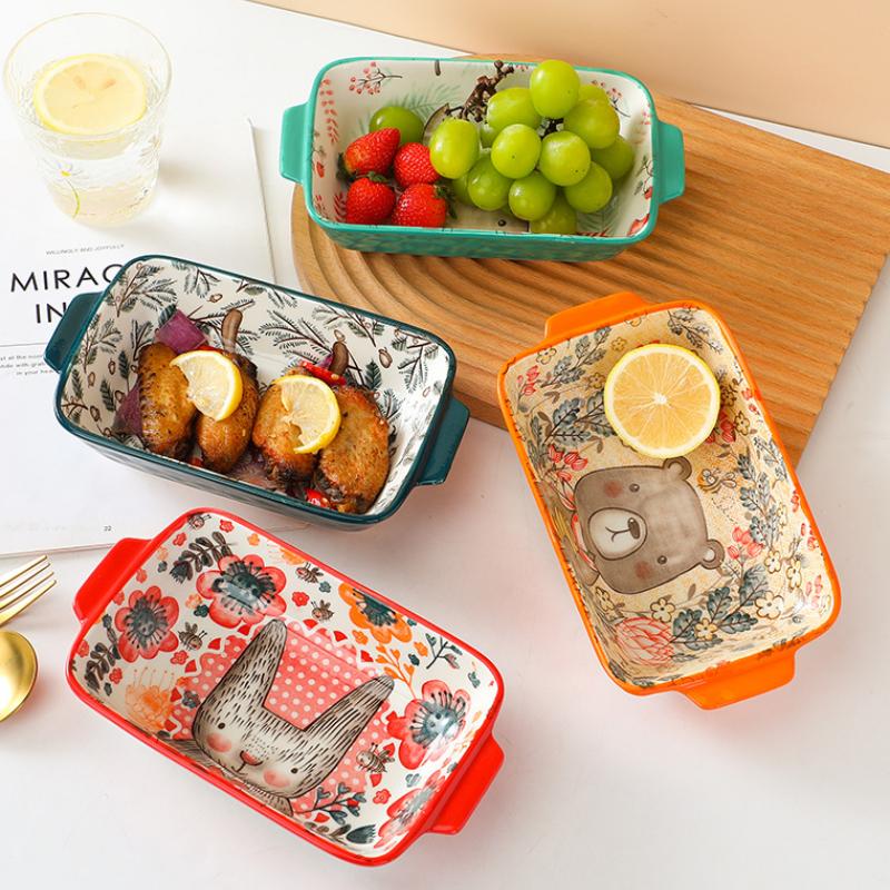 Ceramic Double Ear Baking Plate Restaurant Home Cute Cartoon Bakeware Animals Rice Vegetable Rectangular Dish Kitchen Tableware