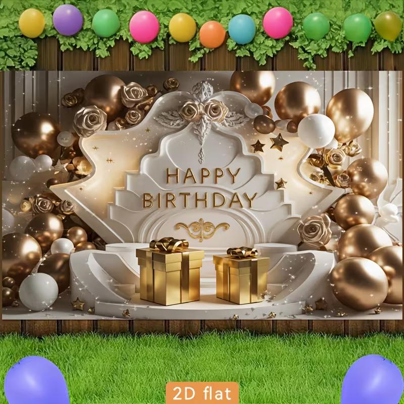 2D Gold Balloon Birthday Backdrop, Elegant White Gold Party Background Banner