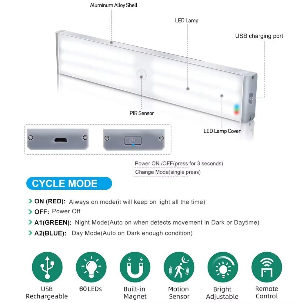 60 LED PIR Motion Sensor LED Under Cabinet Lamp Dimmable Rechargeable Night Light for Kitchen Bedroom Lighting Wall Lamp