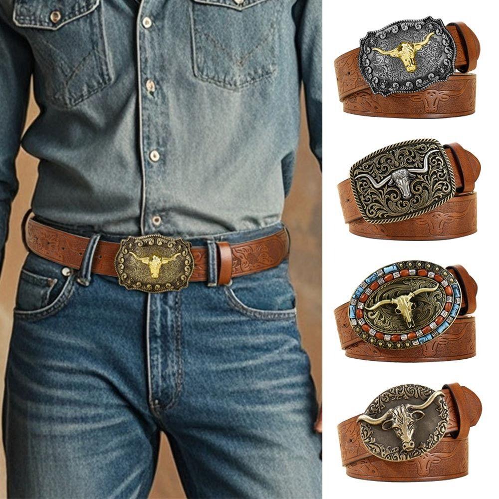 Floral Engraved Buckle Western Cowboy Belts PU Leather Leather Belt Fashion Waistband Belts  Pants