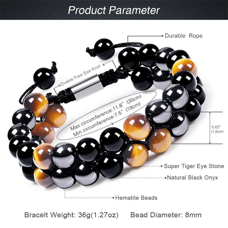 Mens Adjustable Double Layer Natural Tigers Eye Bracelet With Black Agate Hematite Beads 8mm