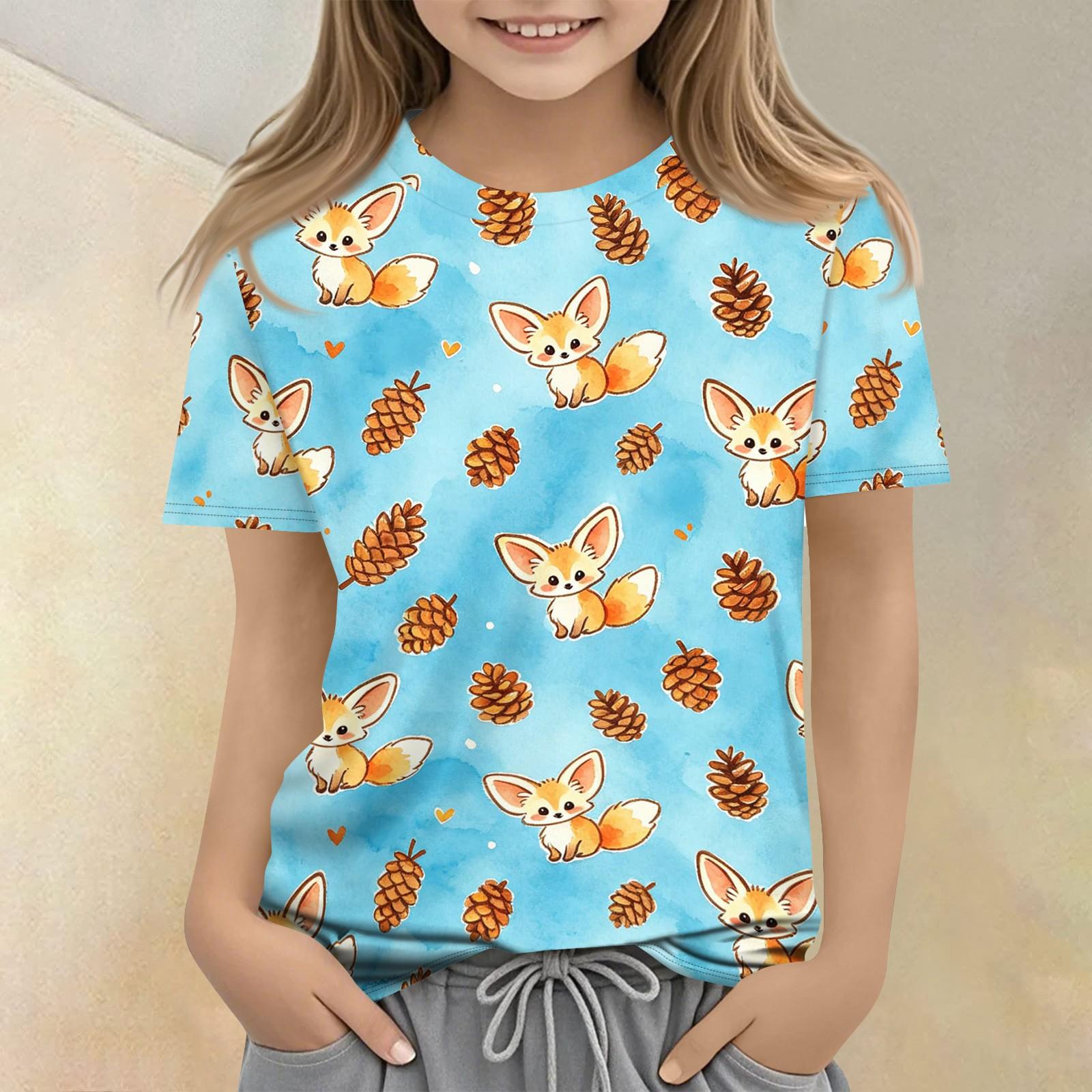

Kids Animal Print Crew Neck Short Sleeve Casual Loose Fit T Shirt Top Soft Comfortable Fabric Suitable for Everyday Wear 140 синий
