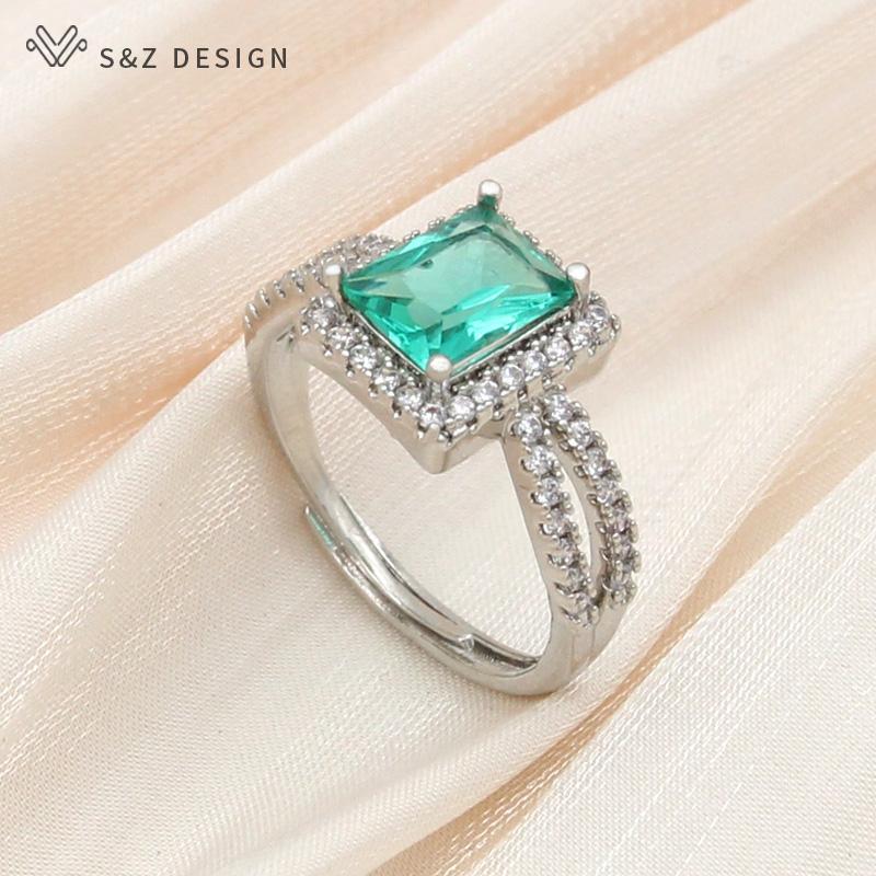 Trendy Luxury Rectangle Crystal Resizable Rings For Women Wedding Party Fashion Rose Gold Color Cubic Zirconia Jewelry Gift