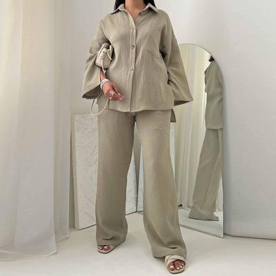 Women Long Sleeves Lapel Shirt Suits 2 Piece Sets Streetwear Loose Wide Leg Pants with V Neck Single Breasted Shirts Outfits