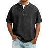 Camiseta Henley Masculina Vintage Lavada Casual Cor Sólida Manga Curta Tops Respirável Gola com Botões Camiseta para Streetwear e Vida Diária
