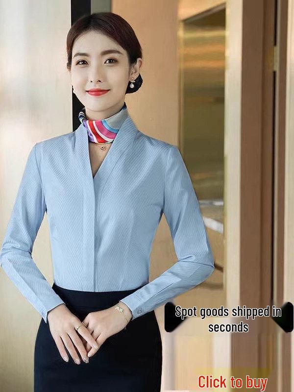 Women's White V-neck Professional Flight Attendant Shirt: Interview and Workwear Suit for Airline and Hotel Staff