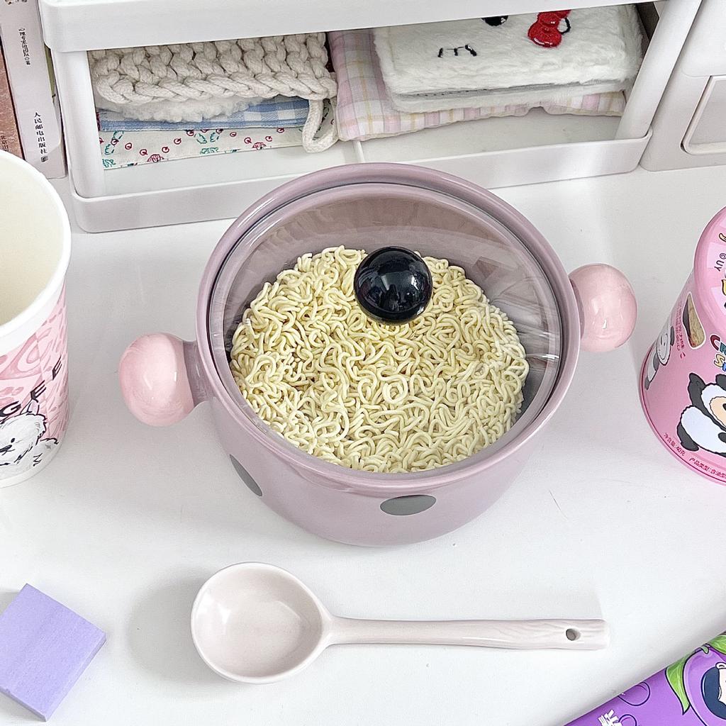 Ins Cute Contrasting Color Ceramic Instant Noodle Bowl with Lid Good-looking Rice Bowl Binaural Soup Bowl Student Dormitory Instant Noodle Bowl
