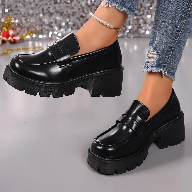 

Элегантные женские туфли на каблуке, новые брендовые женские туфли на платформе, туфли-лоферы больших размеров для офиса, туфли на высоком каблуке с круглым носком, туфли-лодочки на среднем каблуке для женщин 43 чёрный