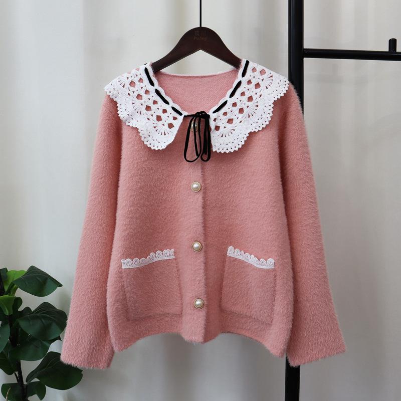 Splicing lace imitation mink fleece sweater jacket for women's autumn and winter new sweet age-reducing knitted cardigan for women
