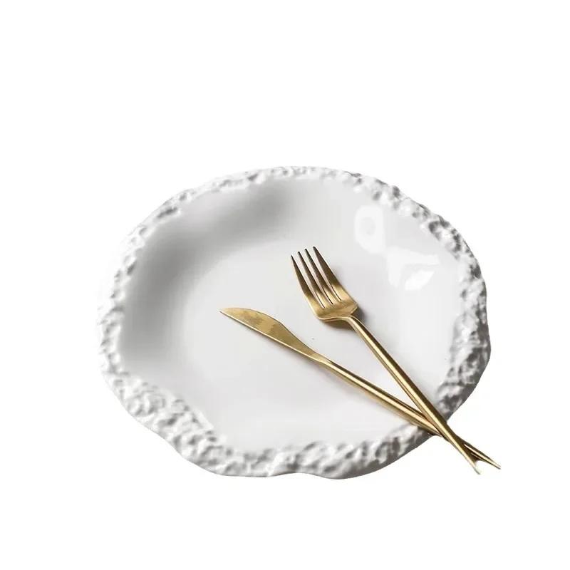 Circular Solid Color Ceramic Plate, 8-10 Inch Rock Patterned Relief Edge Dessert Plate, High-end Hotel Restaurant Tableware