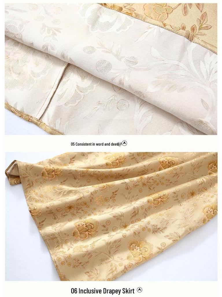 Elegant Golden Qipao-Style Dress: Silk Brocade with Gold Thread
