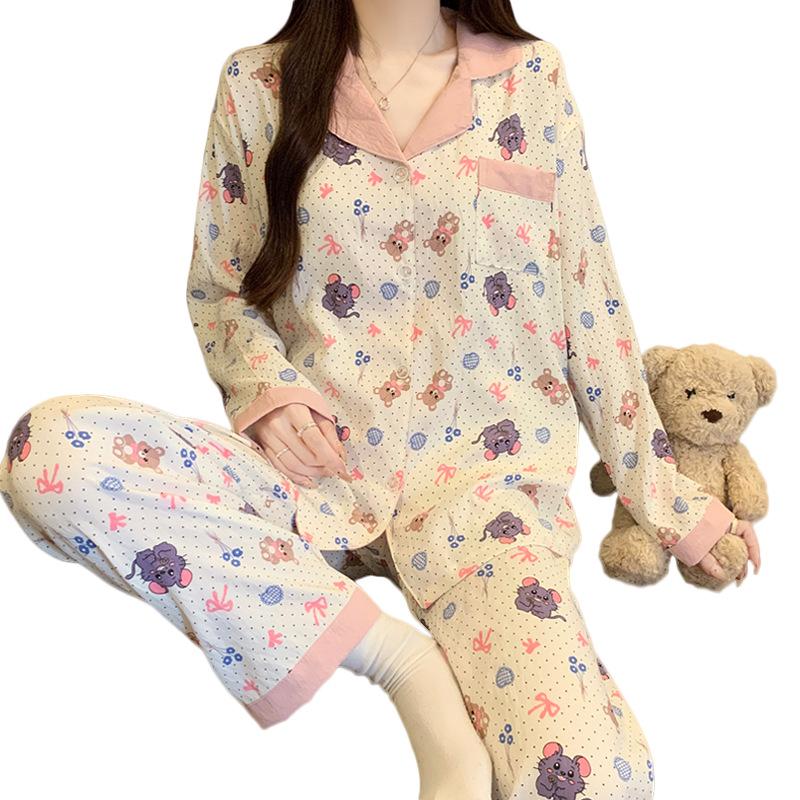Cartoon Thin Cloud Cotton Sweet Pajamas Women'S Suit Loungewear Long Sleeves Trousers