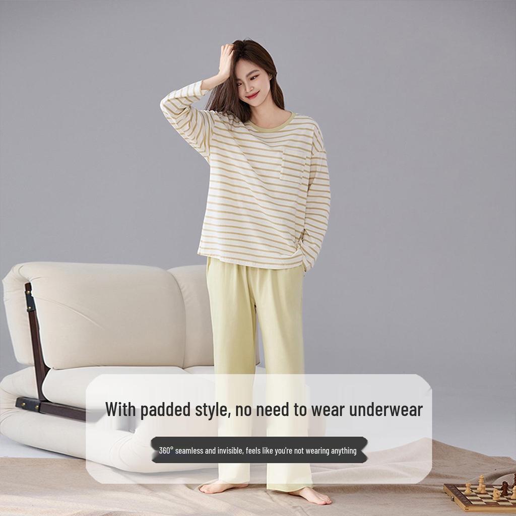 Women's Pure Cotton Pajamas with Chest Pad - Long Sleeve, Plus Size, for Autumn/Winter. Wearable Outdoors, Loose Fit Homewear.