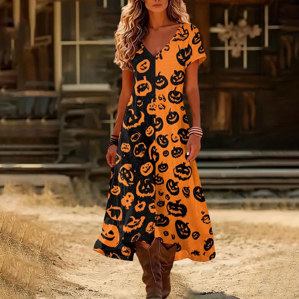 Womens V Neck Short Sleeve Midi Dress Halloween Pumpkin Print Vintage Style Casual Beach Wear Split Hem Summer Dress