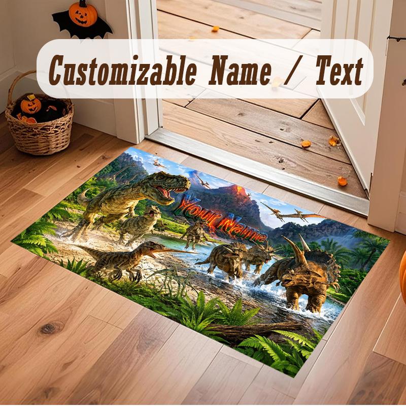 Dinosaur Theme Soft Crystal Velvet Rug Custom Name & Text Print Non Slip Floor Rug for Bedroom Living Room