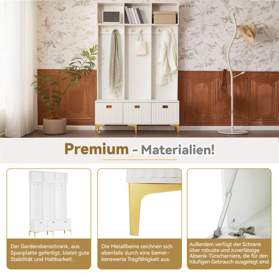 Wardrobe Closet Set with Bench Multifunctional Storage Open Storage 6 Cabinet Golden Hooks And Feet Suitable for Hallway Living Room White Tall