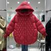 Womens Mid-Length Hooded Puffer Coat With Quilted Design Warm White Duck Down Fill Oversized Fit