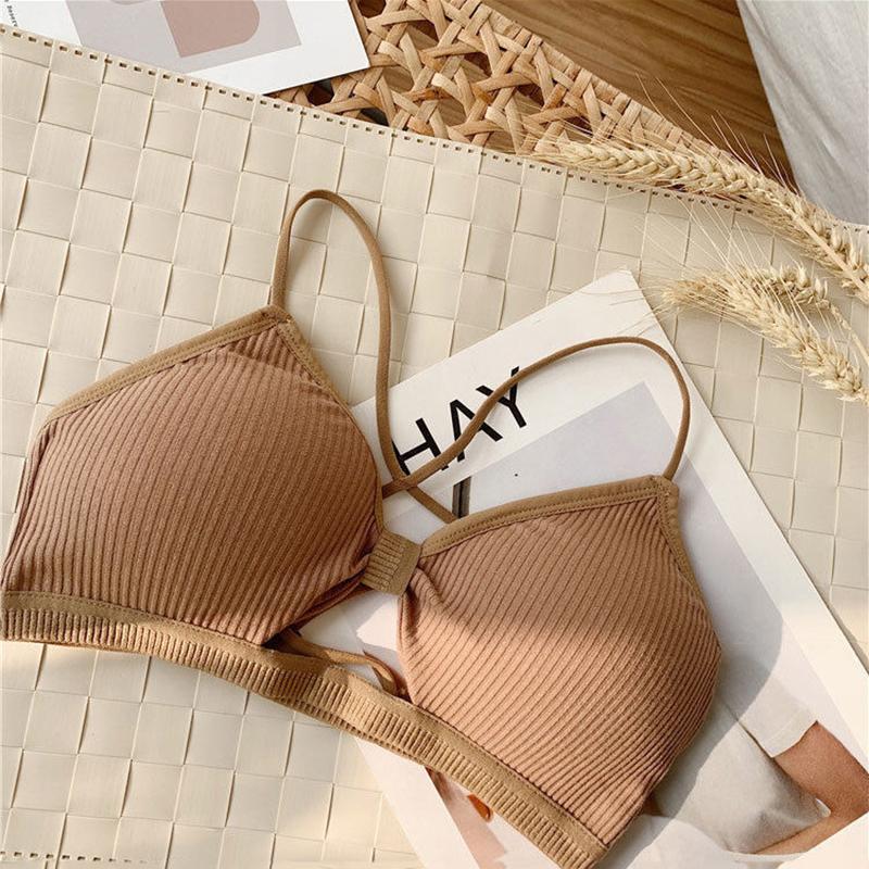 

2024 Сексуальный спортивный бюстгальтер для йоги на бретелях из чистого хлопка, спортивный топ для фитнеса, дышащий, на бретелях, нижнее белье, с подушечками, обхват груди коричневый