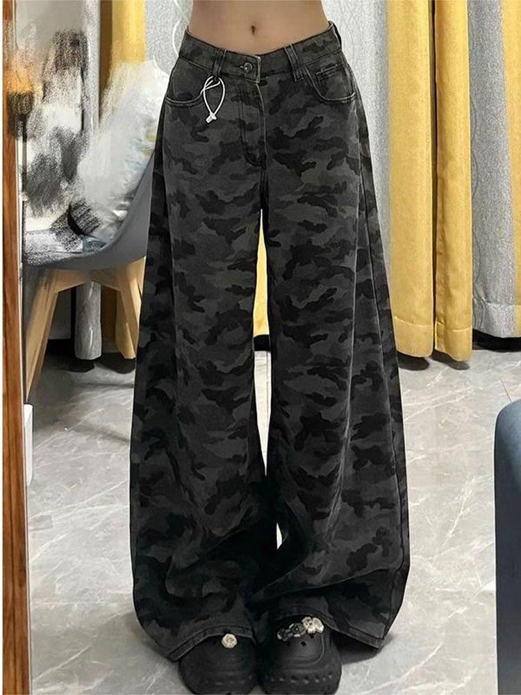 

Джинсы большого размера в стиле хай-стрит камуфляжной расцветки с широкими штанинами, женские свободные тонкие с высокой талией, длинные джинсы для женщин 2XL