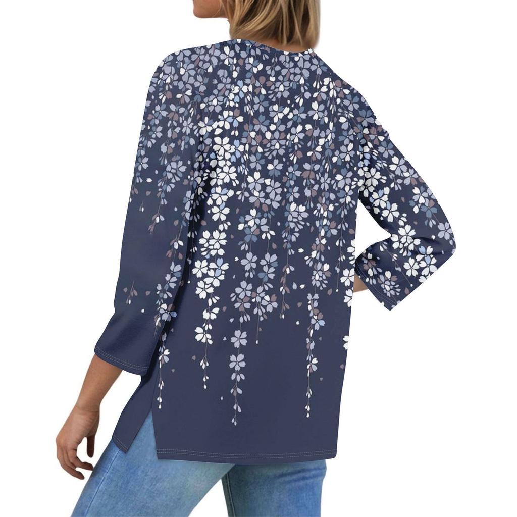Damska Codzienna Modna V-dekolt Luźna Wszechstronna Kwiatowy Wzór Rękawy Trzyczwarte