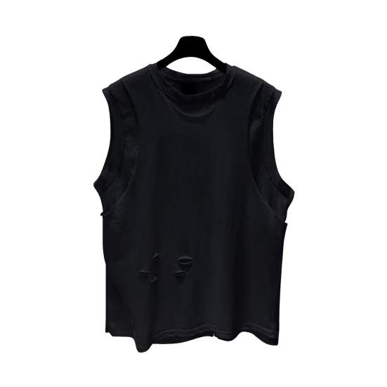 Men Summer Casual Vest O-neck Sleeveless Loose Fit Tank Tops Solid Color Ripped Holes Street Style Vest Bottoming T-shirt