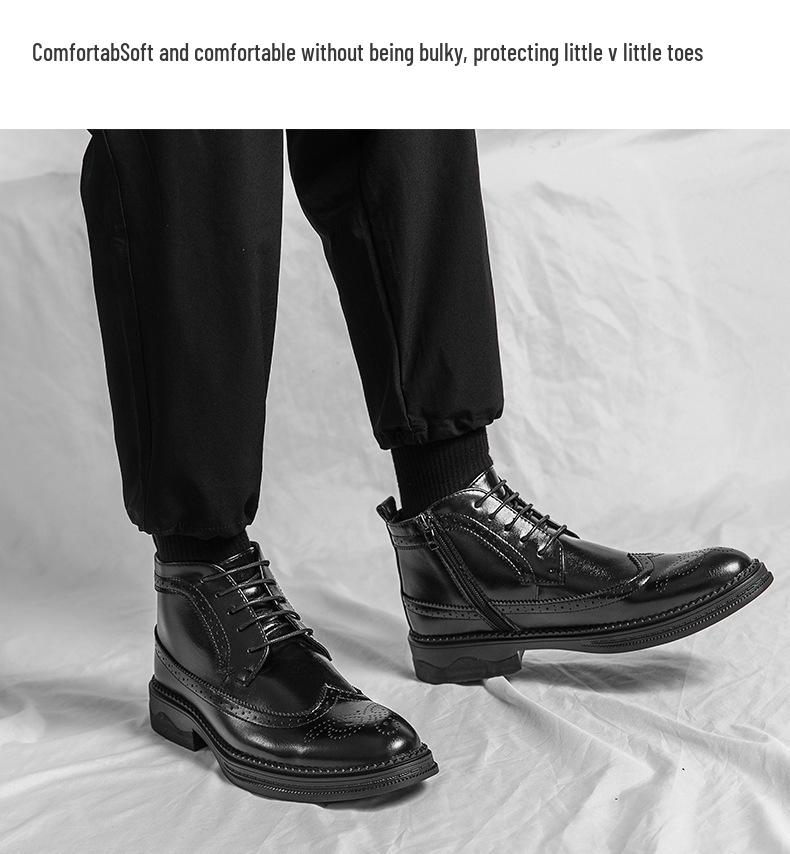 Brogue Martin Men's Autumn Pointed Toe High-Top Leather Chelsea Boots - European & American Mid-Calf Style
