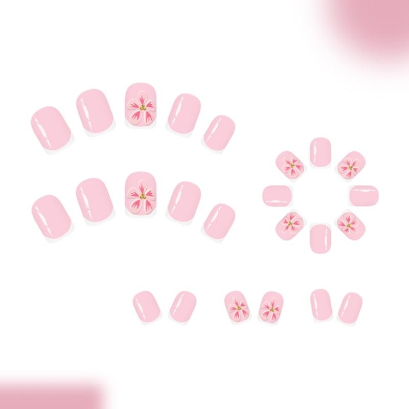 Elegant 3D Raised Flower Press On Nail Pink French Tip Fake Nail Plastic Comfortable Reusable False Nail For Daily Use