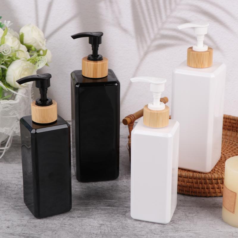 250/500ml Bathroom Dispensers Square Shampoo Shower Gel Body Wash Dispensers Refillable Bamboo Pump Bottles Lotion Container
