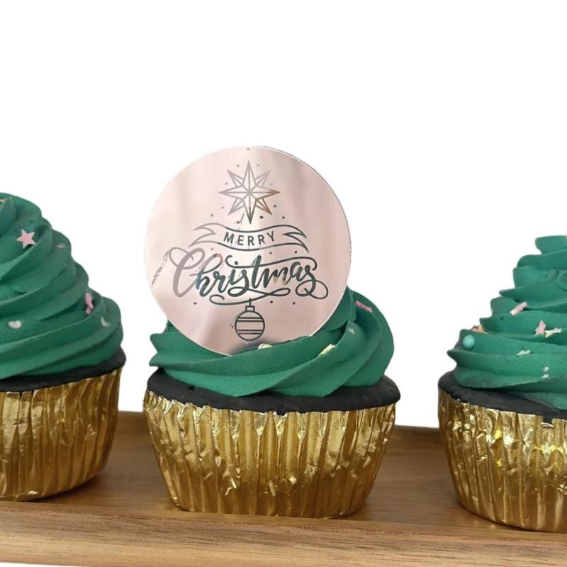 10pcs Round Merry Christmas Plastic Cupcake Toppers Rose Gold Color Snowflake Elk Cake Party Decorating Tool Christmas Ornament