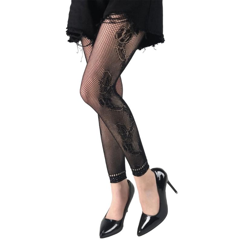 Women Footless Pantyhose Floral Patterned Fishnet Tights Lace Leggings Stockings