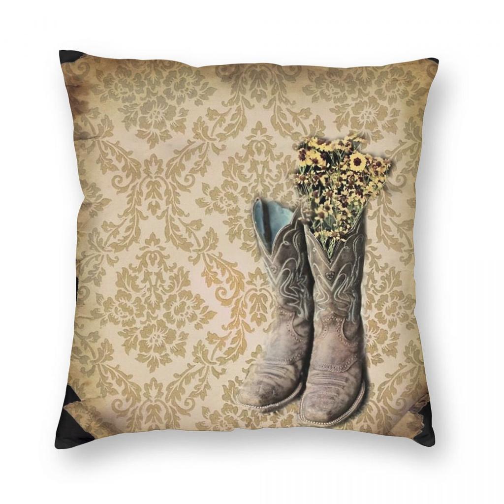 Primitive Wildflower Cowboy Boots Square Pillowcase Polyester Linen Velvet Pattern Zip Decorative Bed Cushion Cover Wholesale