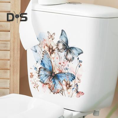 Colorful Butterflies Flower Toilet Sticker Removable Self-adhesive Waterproof PVC Living Room Wall Art Floral Bathroom Toilet Lid Decoration Decal