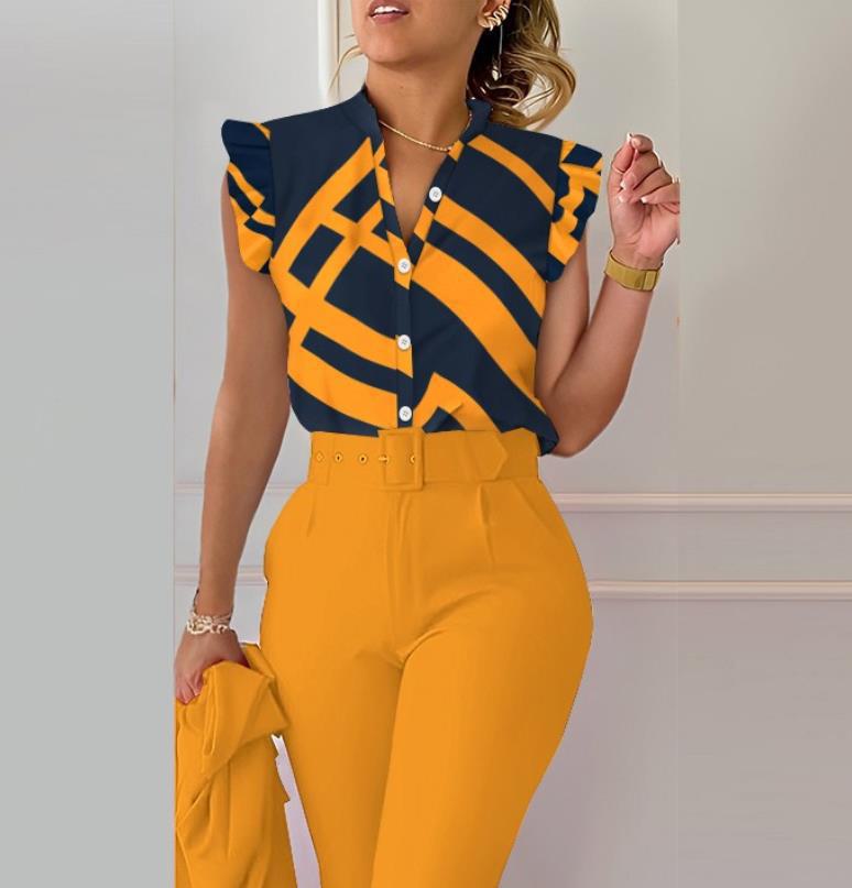 

2023 Летняя женская рубашка с V-образным вырезом, пуговицами и рукавами-лепестками с принтом L