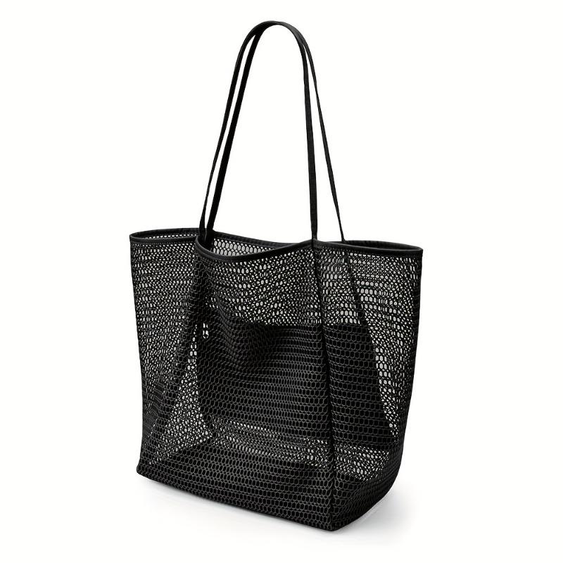 Women s Large Capacity Beach Tote Bag - Durable Polyester Woven Shoulder Bag with Open Top for Travel, Shopping чёрный