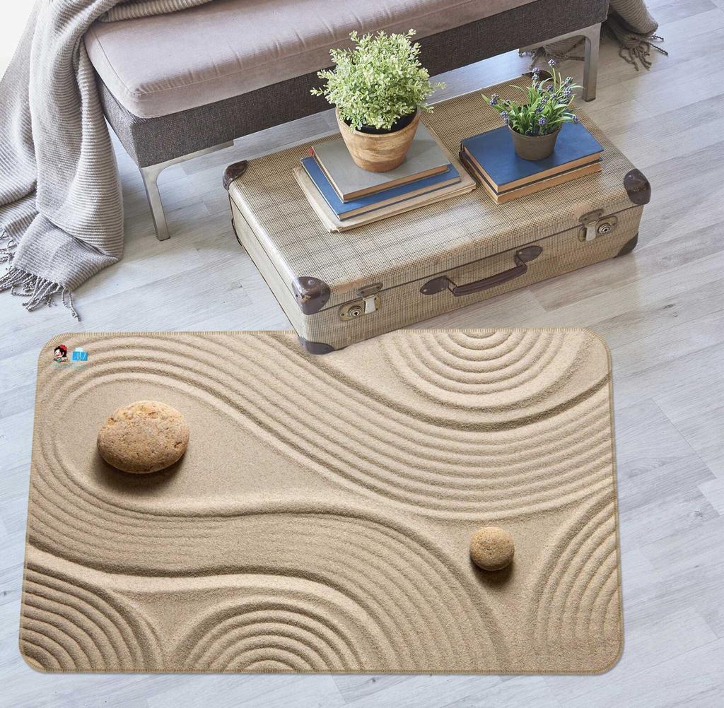 Zen Sand Garden Mat with Stone Design Non Slip Floor Rug for Living Room Bedroom Decorative Area Carpet