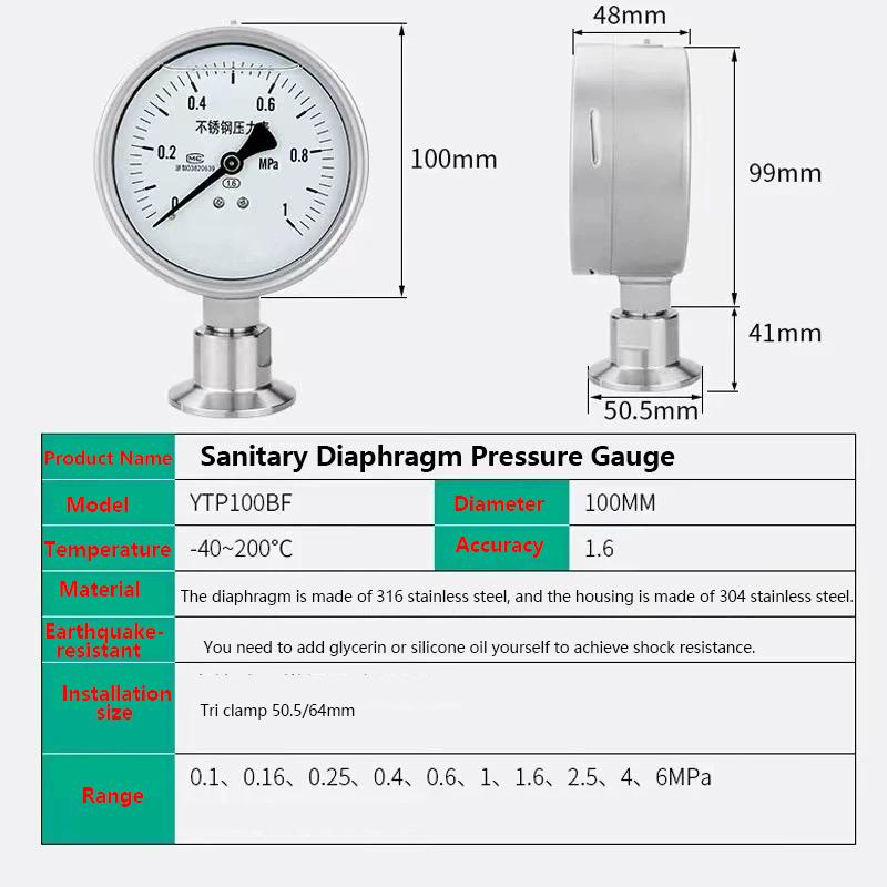 Tri Clamp 50.5mm/64mm Diaphragm Pressure Gauge 100mm Dial Sanitary Stainless Steel Pressure Gauge Bar/PSI